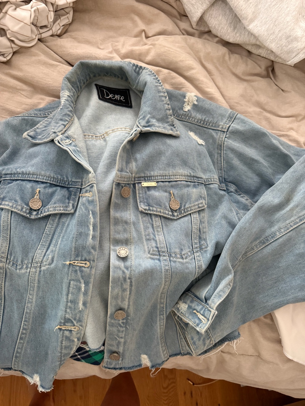 Light Blue Distressed Denim Jacket - Women